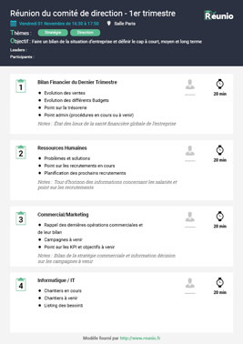 modèle d'ordre du jour de réunion de comité de direction